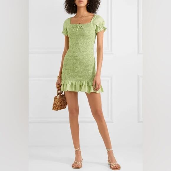 Faithfull The Brand Green 100% Linen Short Puff Sleeve Smocked Mini Dress 8 - Picture 15 of 16